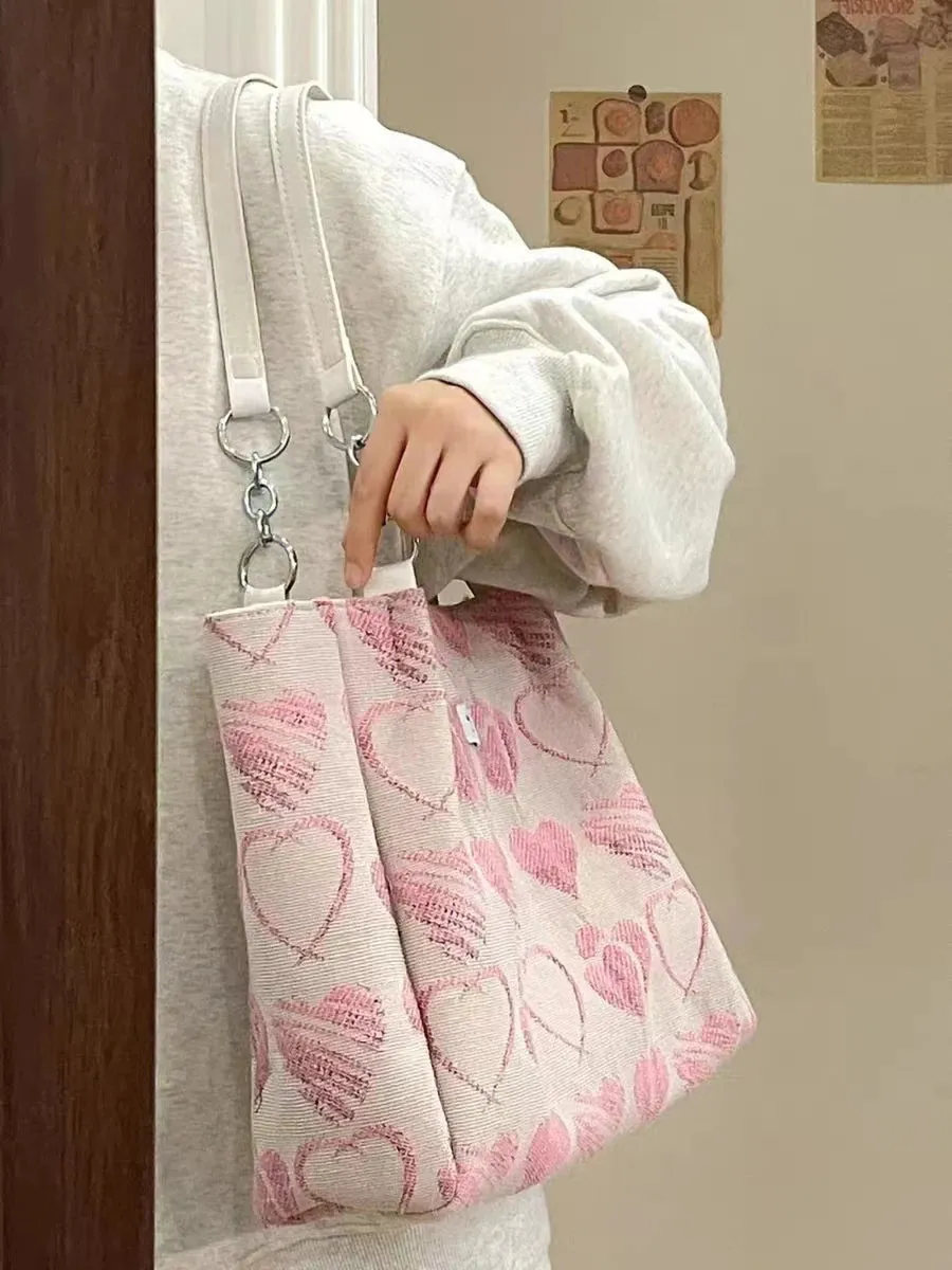 Sohiwoo Large Capacity Women's Shoulder Bags Sweet Love Heart Ladies Casual Tote Handbags Versatile Female Girls Travel Shopping Bag