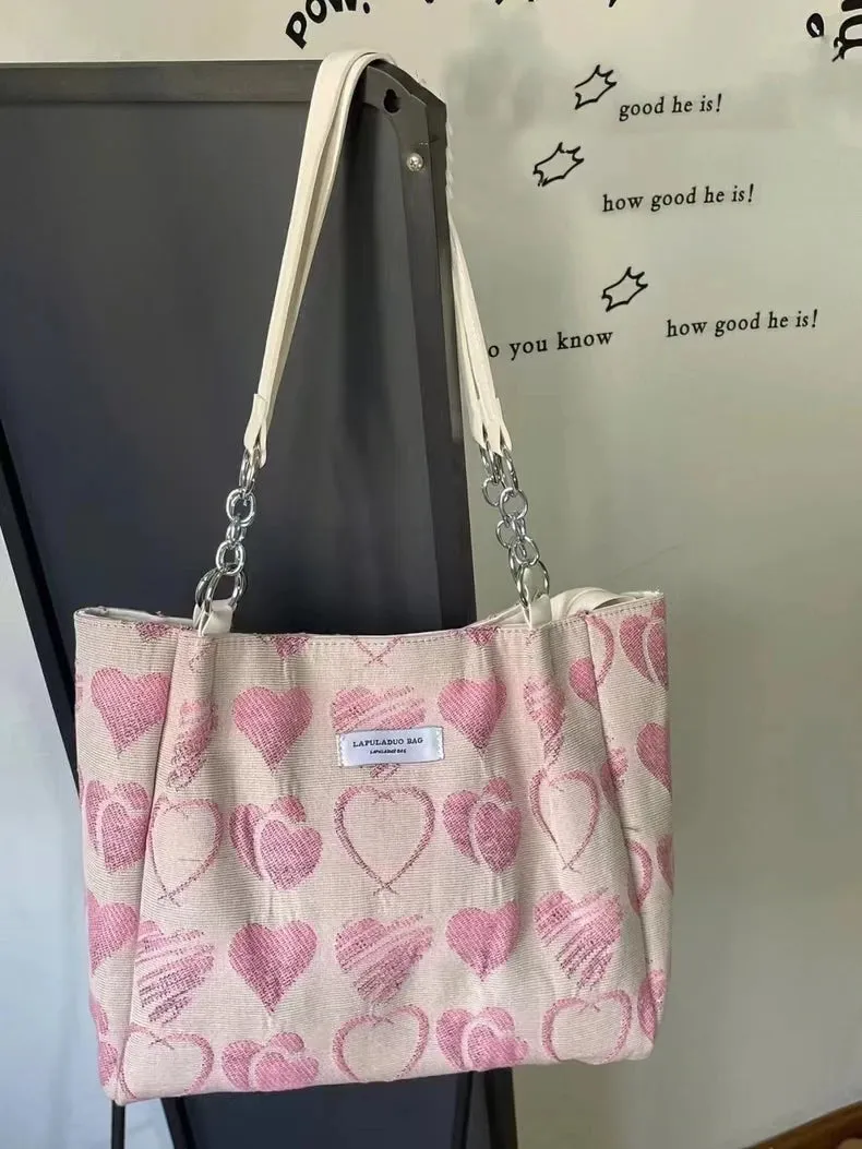 Sohiwoo Large Capacity Women's Shoulder Bags Sweet Love Heart Ladies Casual Tote Handbags Versatile Female Girls Travel Shopping Bag