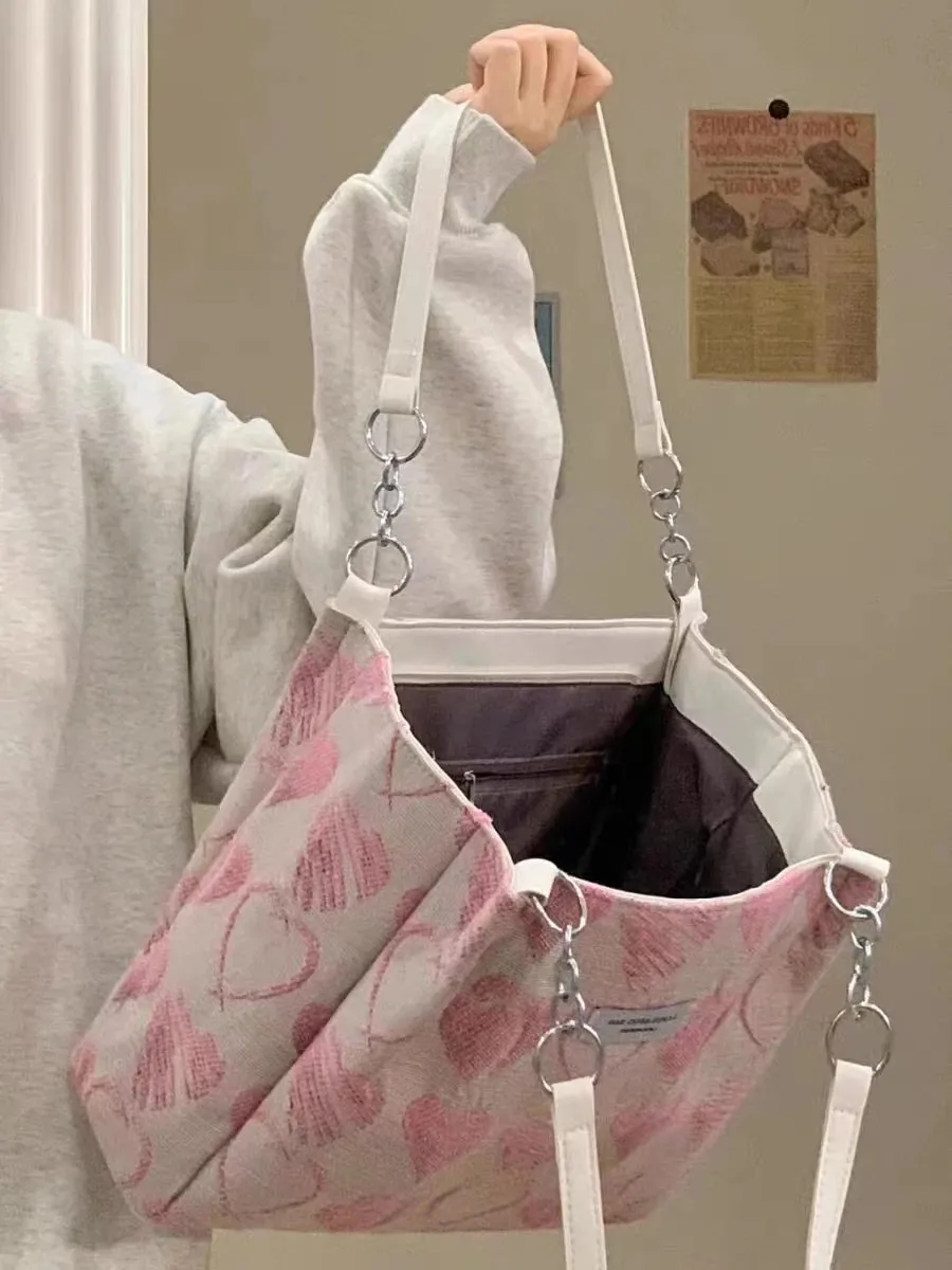 Sohiwoo Large Capacity Women's Shoulder Bags Sweet Love Heart Ladies Casual Tote Handbags Versatile Female Girls Travel Shopping Bag
