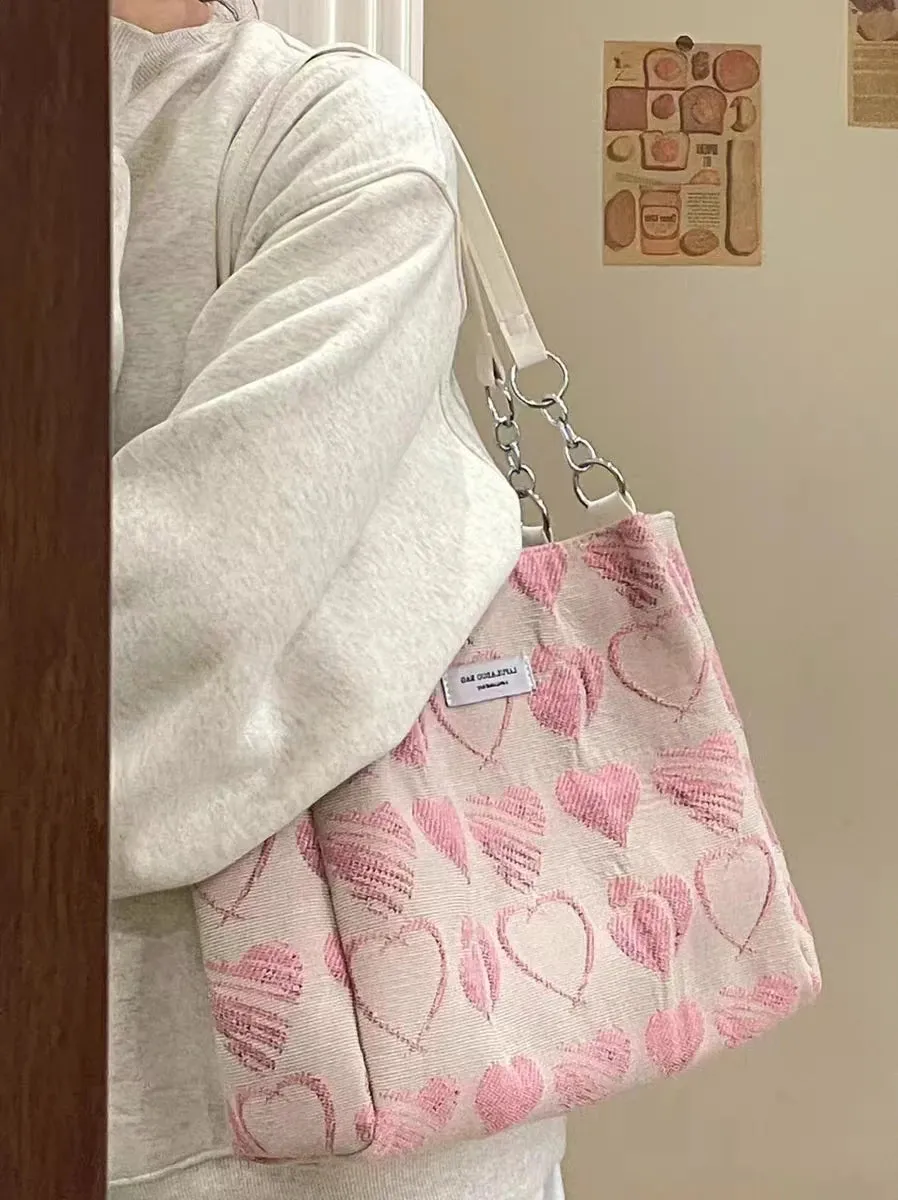 Sohiwoo Large Capacity Women's Shoulder Bags Sweet Love Heart Ladies Casual Tote Handbags Versatile Female Girls Travel Shopping Bag