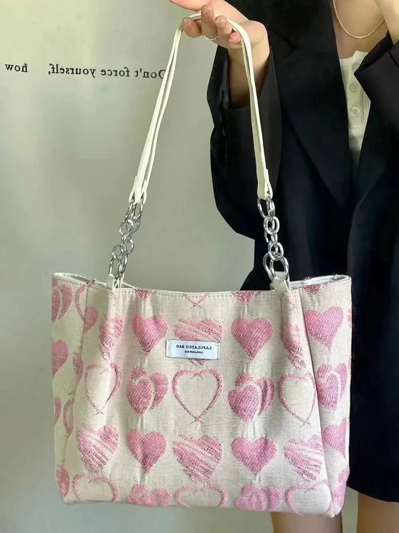 Sohiwoo Large Capacity Women's Shoulder Bags Sweet Love Heart Ladies Casual Tote Handbags Versatile Female Girls Travel Shopping Bag