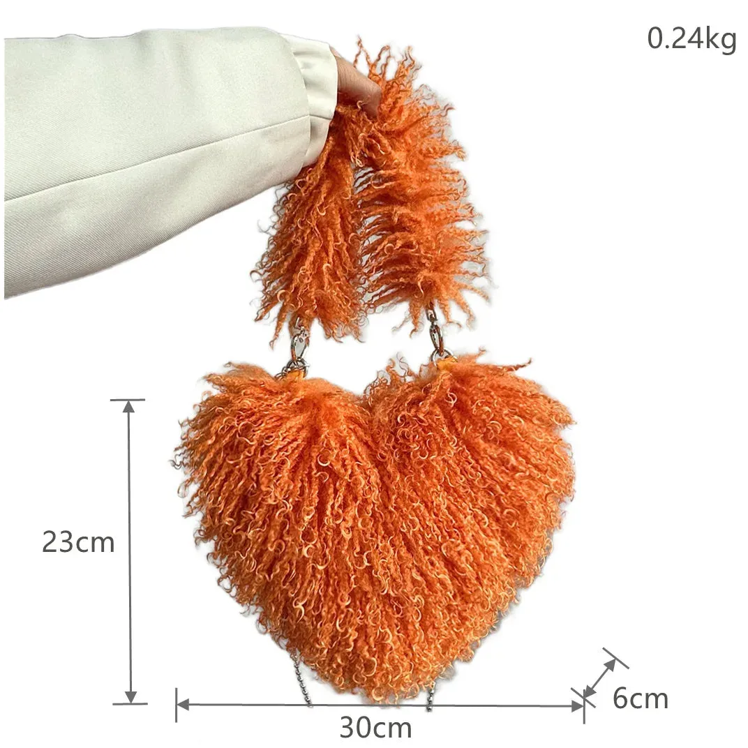 Sohiwoo New Trendy Ladies Winter Luxury Faux Fur Heart Purse Fluffy Underarm Shoulder Bag Women Hot Pink Soft Plush Heart Crossbody Bag