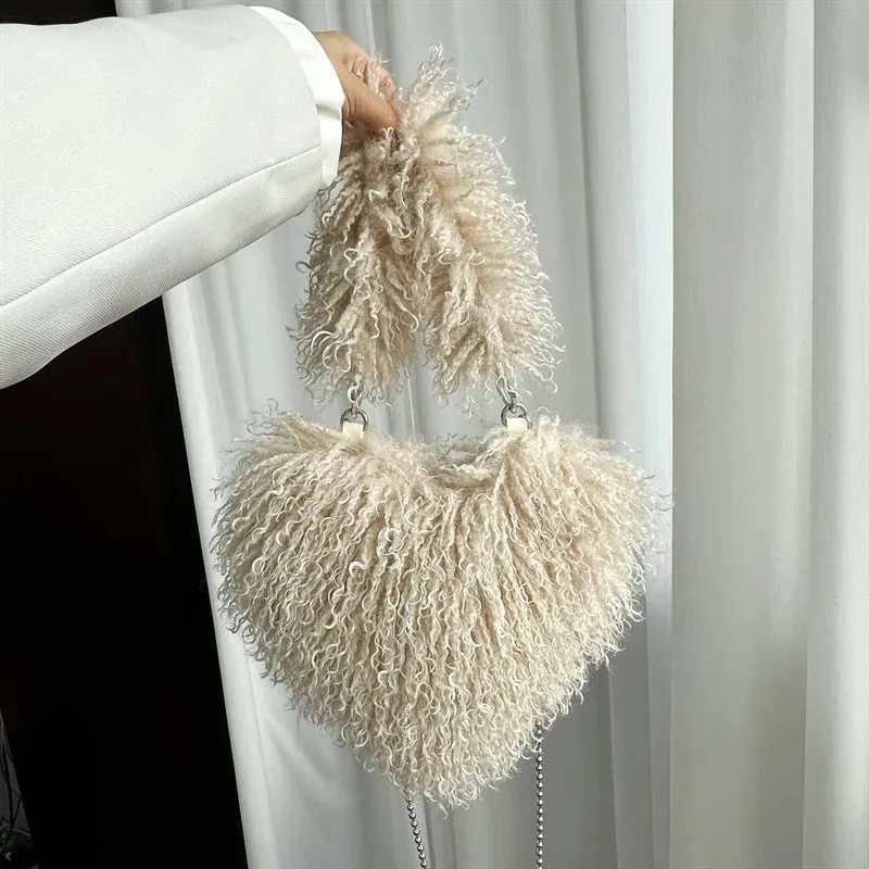Sohiwoo New Trendy Ladies Winter Luxury Faux Fur Heart Purse Fluffy Underarm Shoulder Bag Women Hot Pink Soft Plush Heart Crossbody Bag