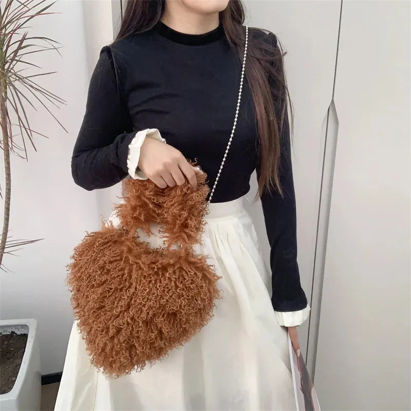 Sohiwoo New Trendy Ladies Winter Luxury Faux Fur Heart Purse Fluffy Underarm Shoulder Bag Women Hot Pink Soft Plush Heart Crossbody Bag