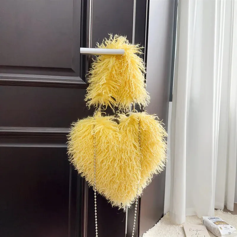 Sohiwoo New Trendy Ladies Winter Luxury Faux Fur Heart Purse Fluffy Underarm Shoulder Bag Women Hot Pink Soft Plush Heart Crossbody Bag