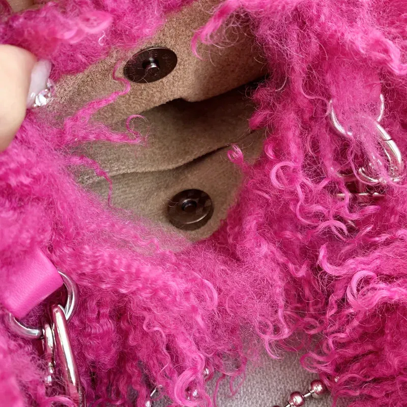 Sohiwoo New Trendy Ladies Winter Luxury Faux Fur Heart Purse Fluffy Underarm Shoulder Bag Women Hot Pink Soft Plush Heart Crossbody Bag