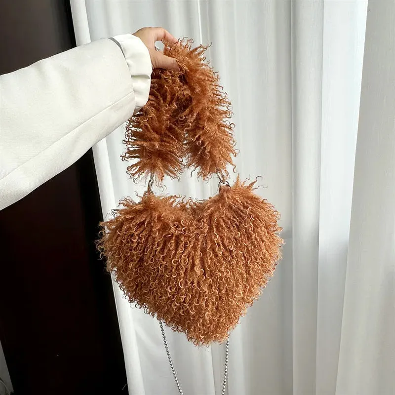 Sohiwoo New Trendy Ladies Winter Luxury Faux Fur Heart Purse Fluffy Underarm Shoulder Bag Women Hot Pink Soft Plush Heart Crossbody Bag