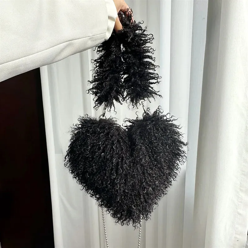Sohiwoo New Trendy Ladies Winter Luxury Faux Fur Heart Purse Fluffy Underarm Shoulder Bag Women Hot Pink Soft Plush Heart Crossbody Bag