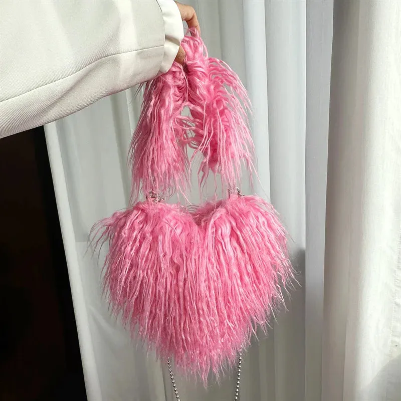 Sohiwoo New Trendy Ladies Winter Luxury Faux Fur Heart Purse Fluffy Underarm Shoulder Bag Women Hot Pink Soft Plush Heart Crossbody Bag