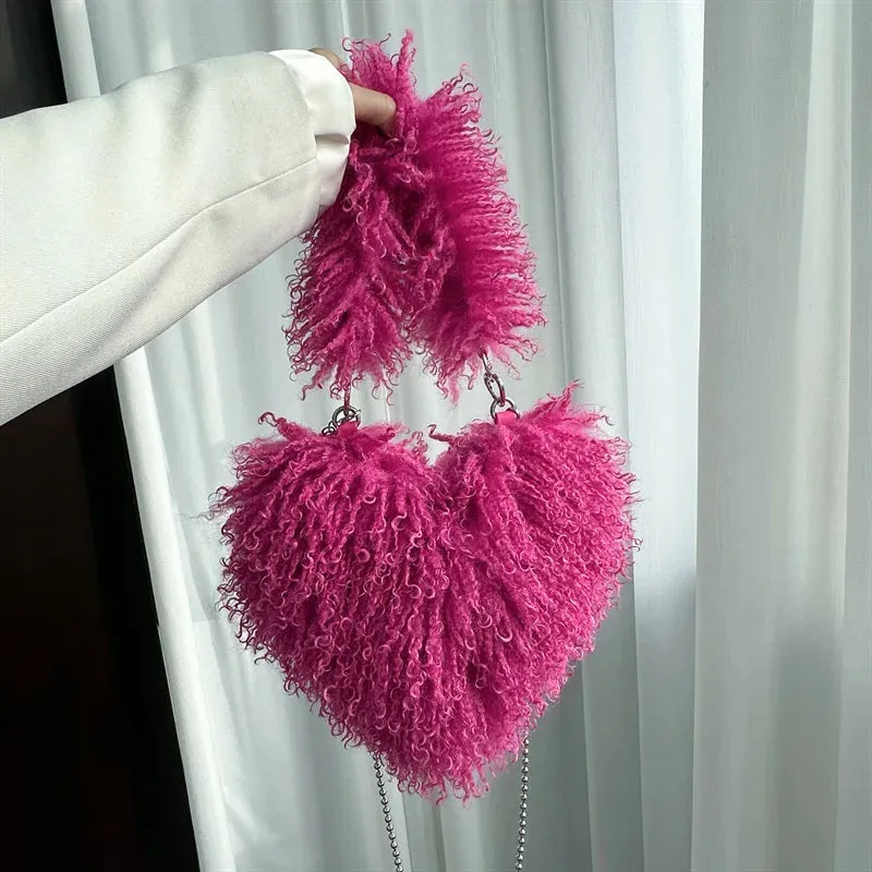 Sohiwoo New Trendy Ladies Winter Luxury Faux Fur Heart Purse Fluffy Underarm Shoulder Bag Women Hot Pink Soft Plush Heart Crossbody Bag