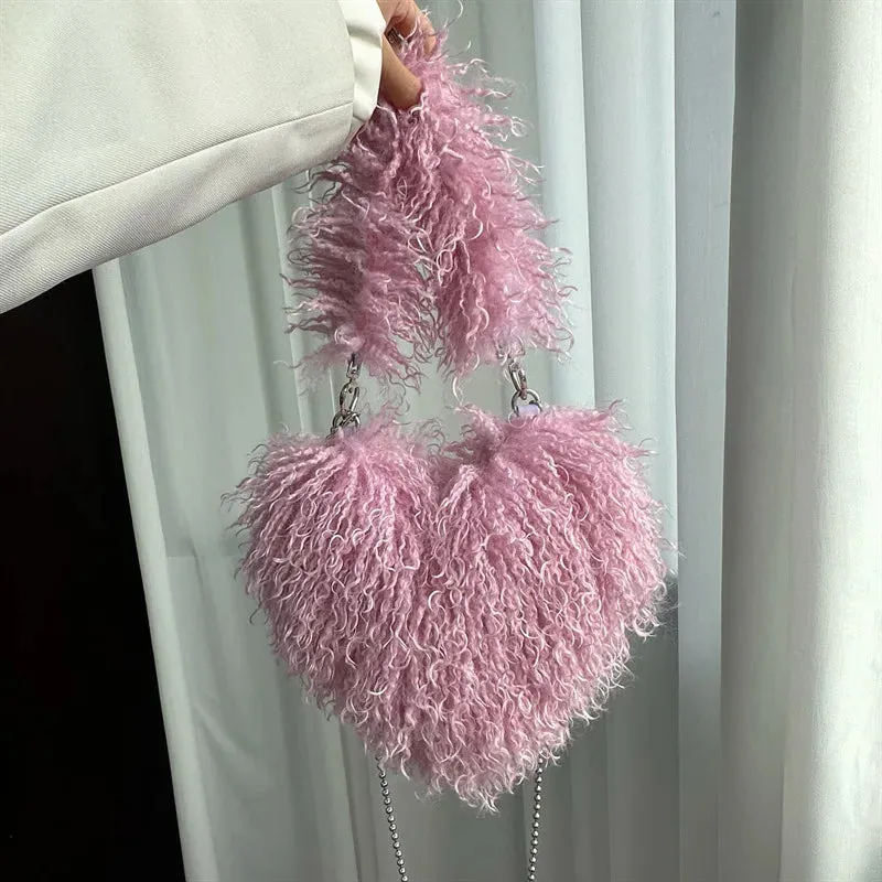 Sohiwoo New Trendy Ladies Winter Luxury Faux Fur Heart Purse Fluffy Underarm Shoulder Bag Women Hot Pink Soft Plush Heart Crossbody Bag
