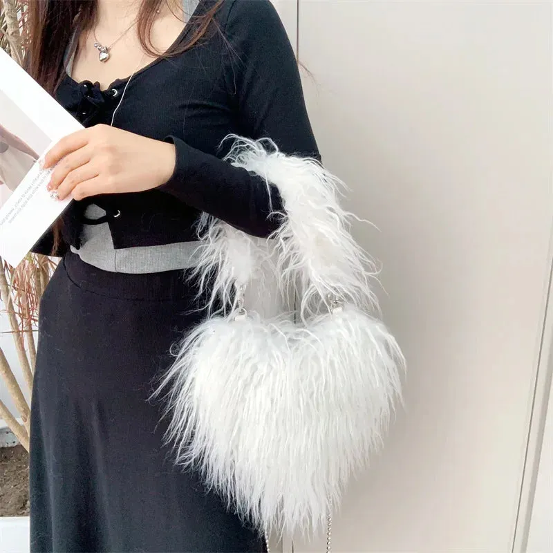 Sohiwoo New Trendy Ladies Winter Luxury Faux Fur Heart Purse Fluffy Underarm Shoulder Bag Women Hot Pink Soft Plush Heart Crossbody Bag