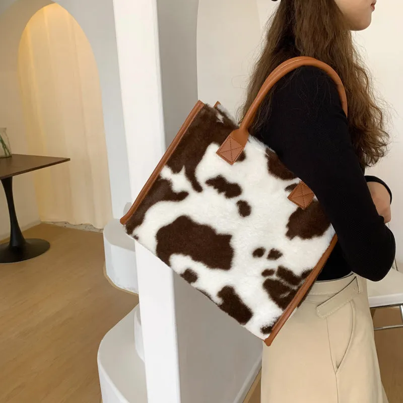 Sohiwoo Plush Cow Pattern Tote Bag Trendy Commuting Handbag Large Capacity Satchel Bag