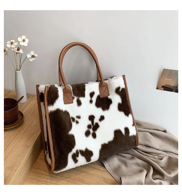 Sohiwoo Plush Cow Pattern Tote Bag Trendy Commuting Handbag Large Capacity Satchel Bag