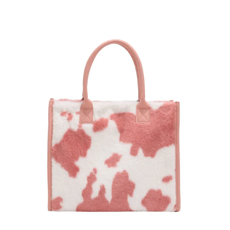 Sohiwoo Plush Cow Pattern Tote Bag Trendy Commuting Handbag Large Capacity Satchel Bag