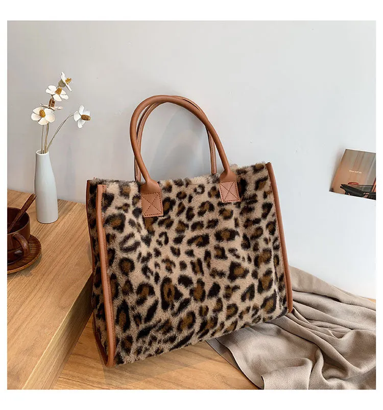 Sohiwoo Plush Cow Pattern Tote Bag Trendy Commuting Handbag Large Capacity Satchel Bag