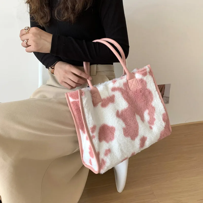 Sohiwoo Plush Cow Pattern Tote Bag Trendy Commuting Handbag Large Capacity Satchel Bag