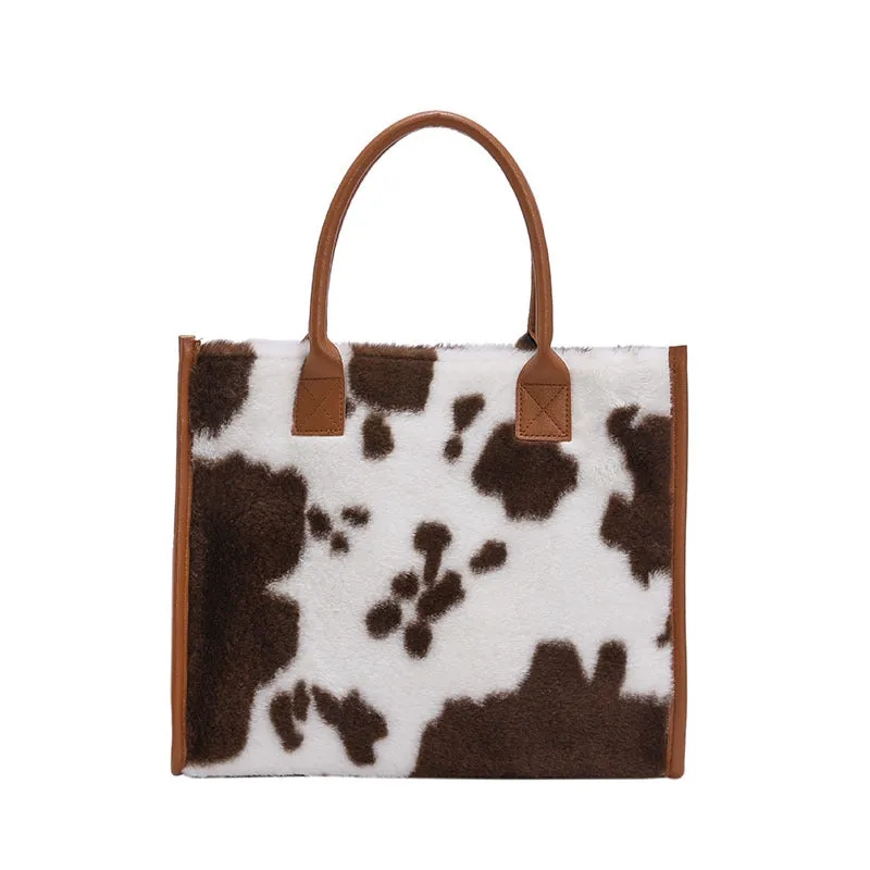 Sohiwoo Plush Cow Pattern Tote Bag Trendy Commuting Handbag Large Capacity Satchel Bag