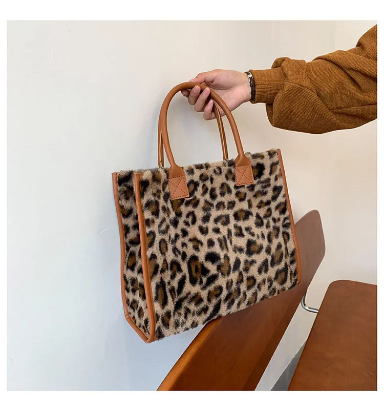Sohiwoo Plush Cow Pattern Tote Bag Trendy Commuting Handbag Large Capacity Satchel Bag