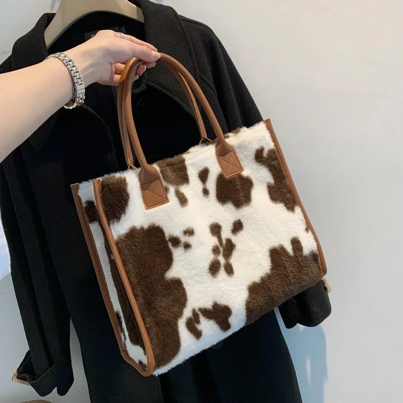 Sohiwoo Plush Cow Pattern Tote Bag Trendy Commuting Handbag Large Capacity Satchel Bag