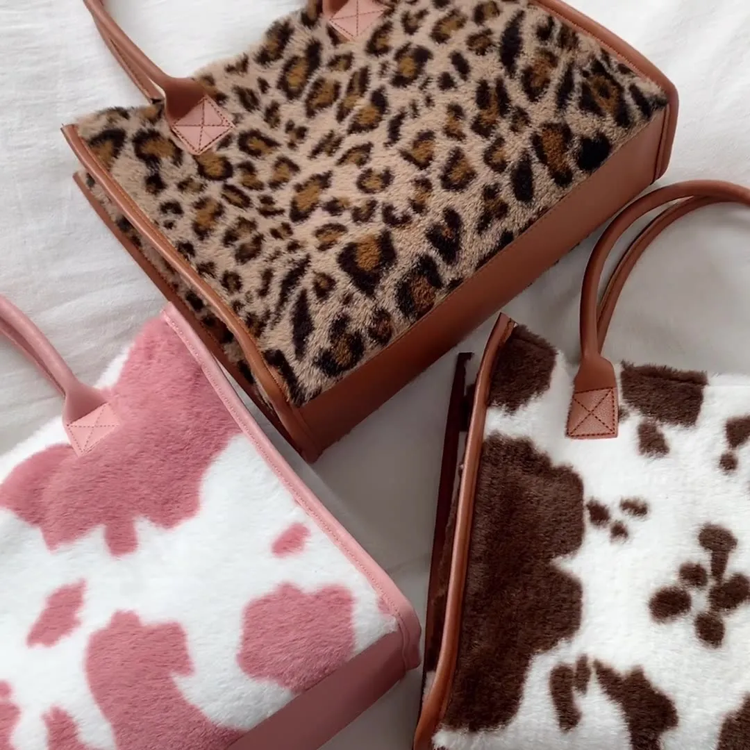 Sohiwoo Plush Cow Pattern Tote Bag Trendy Commuting Handbag Large Capacity Satchel Bag