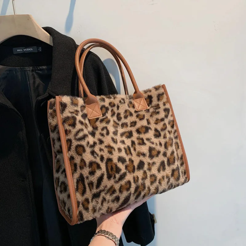 Sohiwoo Plush Cow Pattern Tote Bag Trendy Commuting Handbag Large Capacity Satchel Bag