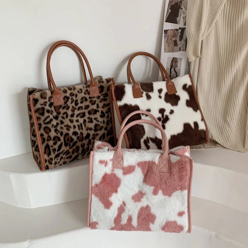 Sohiwoo Plush Cow Pattern Tote Bag Trendy Commuting Handbag Large Capacity Satchel Bag