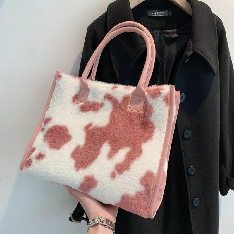 Sohiwoo Plush Cow Pattern Tote Bag Trendy Commuting Handbag Large Capacity Satchel Bag