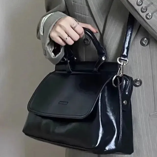 Sohiwoo Students Versatile Bag Bright Shoulder Bags Women Bolsa Bag Crossbody  PU Vintage Fashion Briefcase For Messenger Trend Tote
