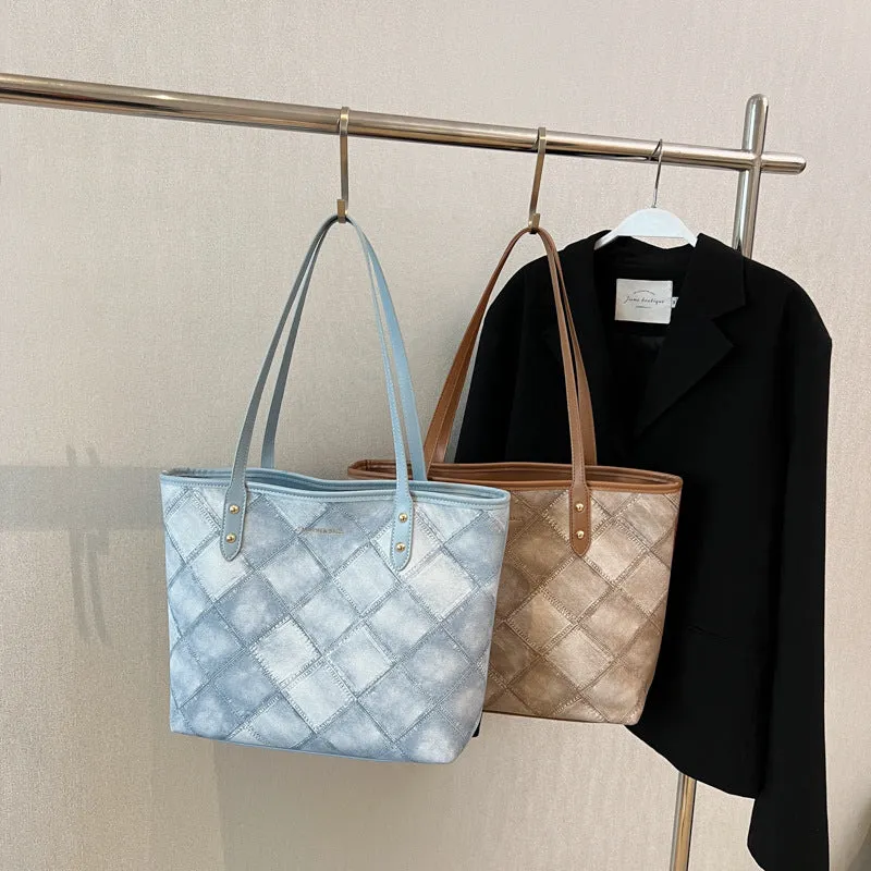 Sohiwoo Trendy Rhombus Pattern Tote Bag All-Match Shoulder Bg With Fixed Strap Simple Bag For Work