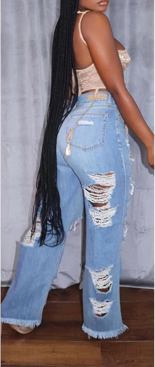 SOMTHRON Women's High Waist Ripped Straight Leg Jeans Loose Boyfriend Destoryed Cut Out Denim Pants Distressed Trousers