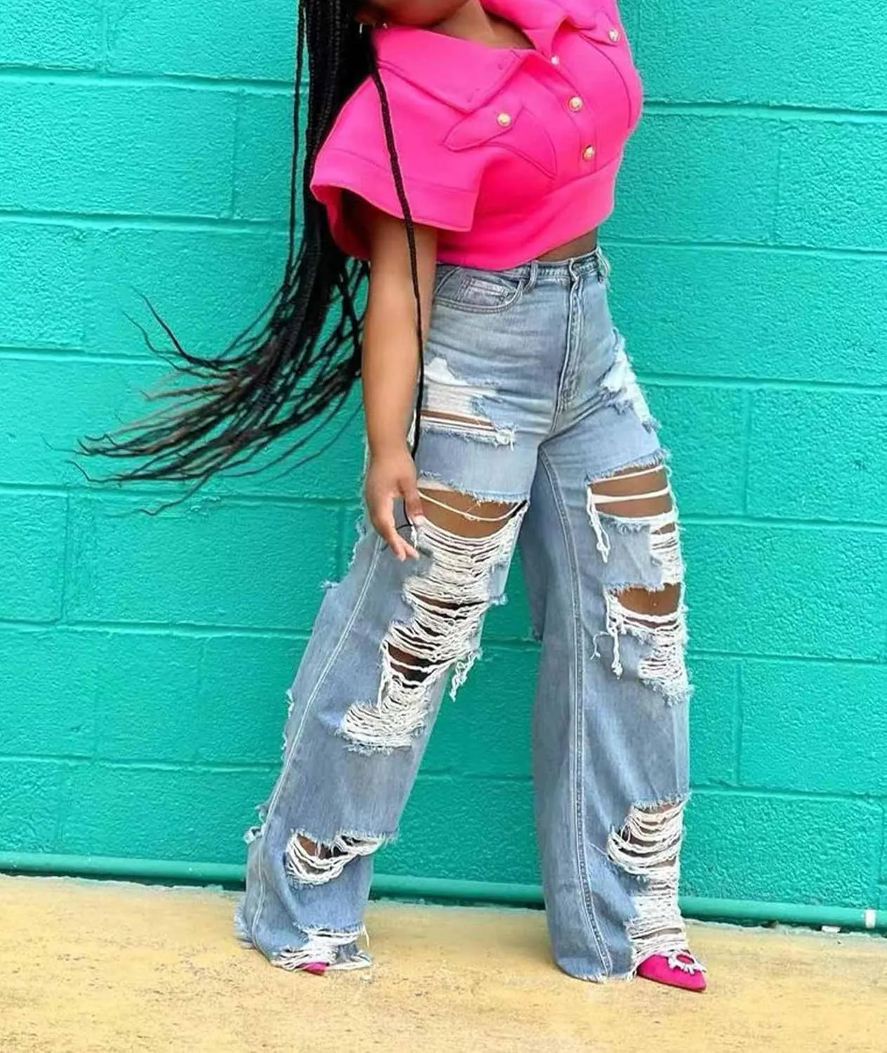 SOMTHRON Women's High Waist Ripped Straight Leg Jeans Loose Boyfriend Destoryed Cut Out Denim Pants Distressed Trousers