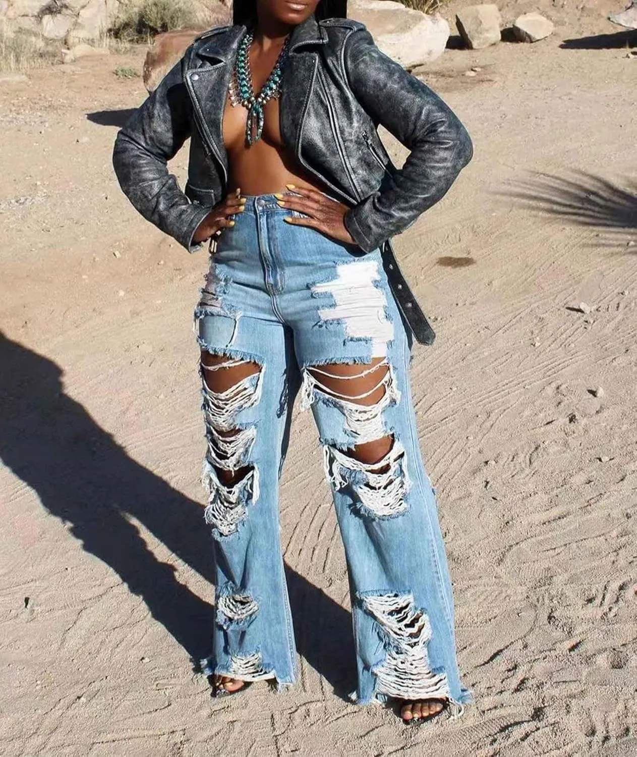 SOMTHRON Women's High Waist Ripped Straight Leg Jeans Loose Boyfriend Destoryed Cut Out Denim Pants Distressed Trousers