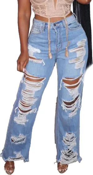 SOMTHRON Women's High Waist Ripped Straight Leg Jeans Loose Boyfriend Destoryed Cut Out Denim Pants Distressed Trousers