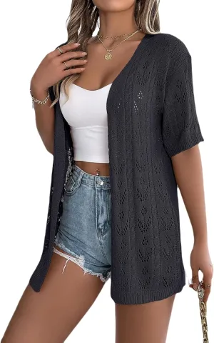 Spicy Sandia Women's Short Sleeve Crochet Cardigan Sweater for Summer Lightweight