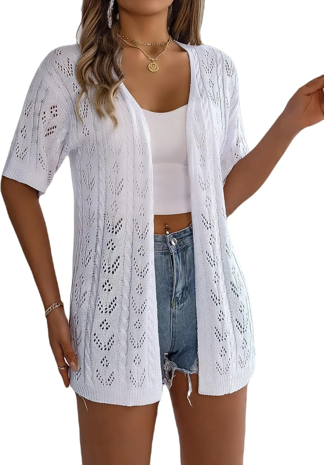 Spicy Sandia Women's Short Sleeve Crochet Cardigan Sweater for Summer Lightweight
