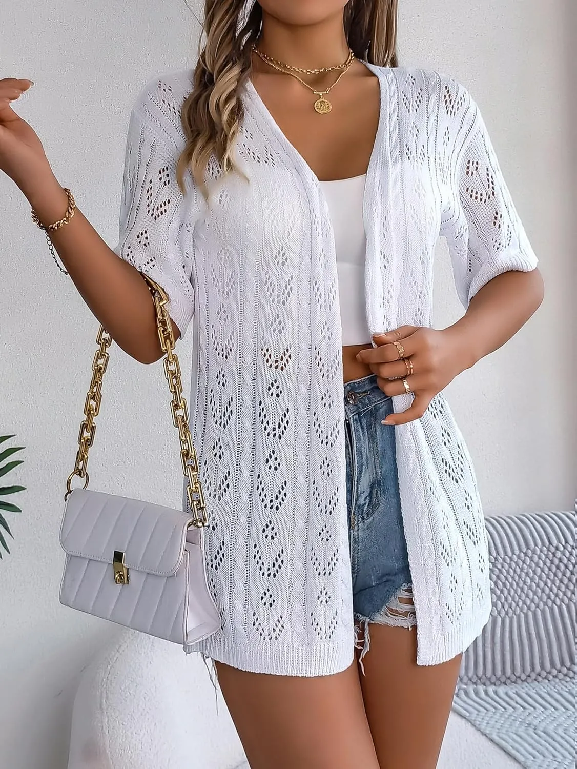 Spicy Sandia Women's Short Sleeve Crochet Cardigan Sweater for Summer Lightweight