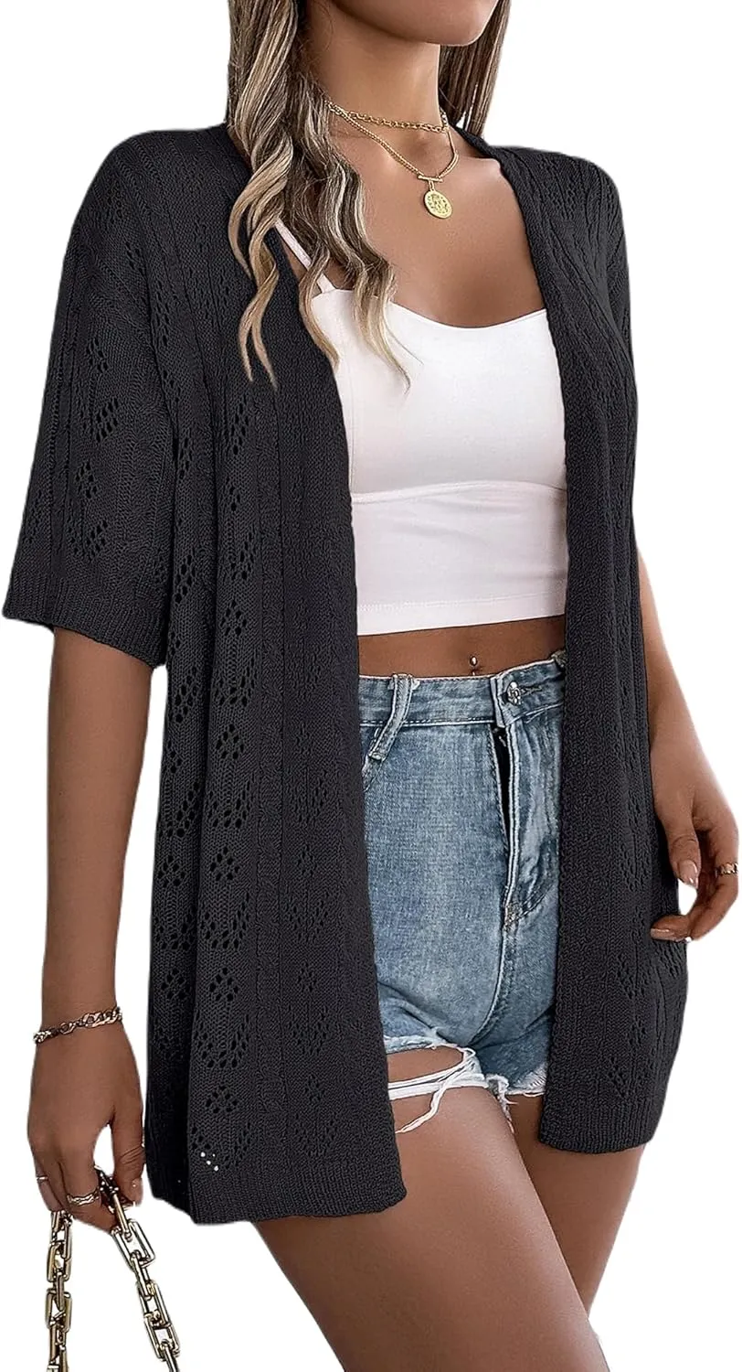 Spicy Sandia Women's Short Sleeve Crochet Cardigan Sweater for Summer Lightweight