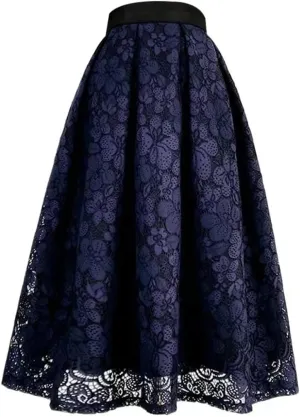 Spring Lady Embroidery High Waist Long Lace Midi Skirt