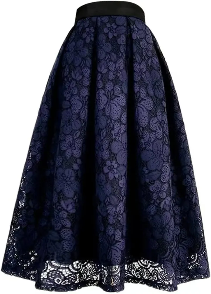 Spring Lady Embroidery High Waist Long Lace Midi Skirt
