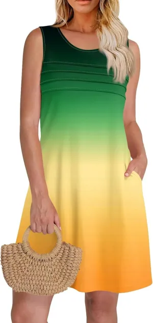 Summer Dresses for Women 2025 Casual Crewneck Sleeveless Tunic Dress Gradient Color Flowy Sundress with Pockets