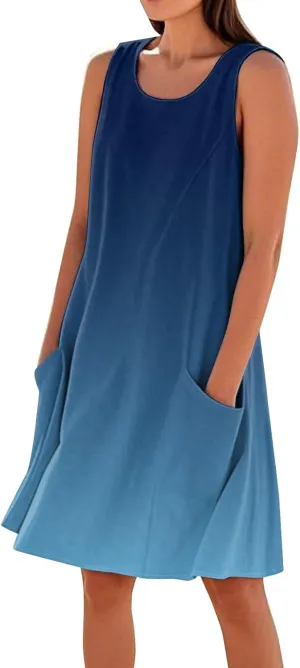 Summer Dresses for Women 2025 Loose Casual Tank Dress Sleeveless U Neck Sundresses Beach T Shirt Dress with Pockets