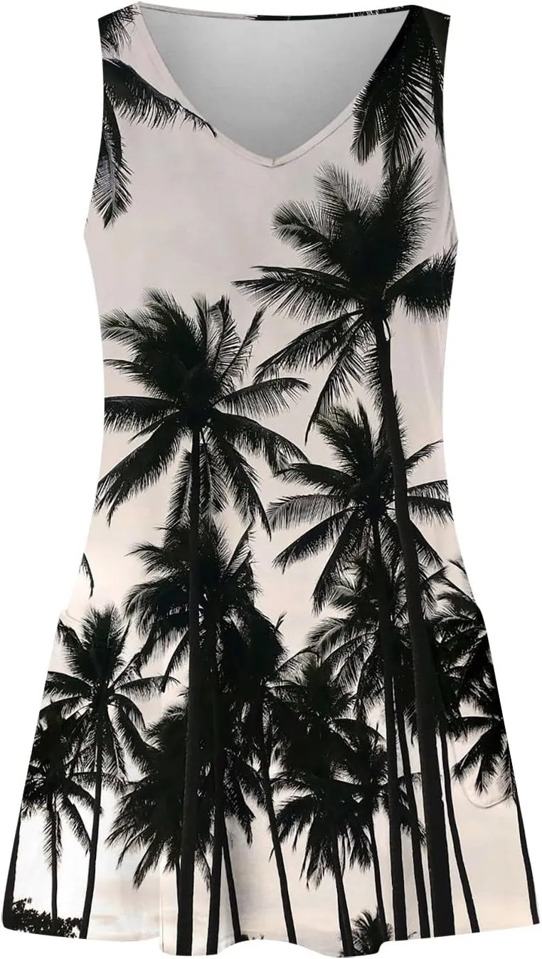Summer Dresses for Women 2025 Loose V Neck Sleeveless Sundresses Hawaiian Tank Dress Swimsuit Coverup with Pockets
