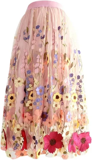Summer Girl Women High Waist Floral Pleated Midi Fluffy Tulle Skirt Wedding