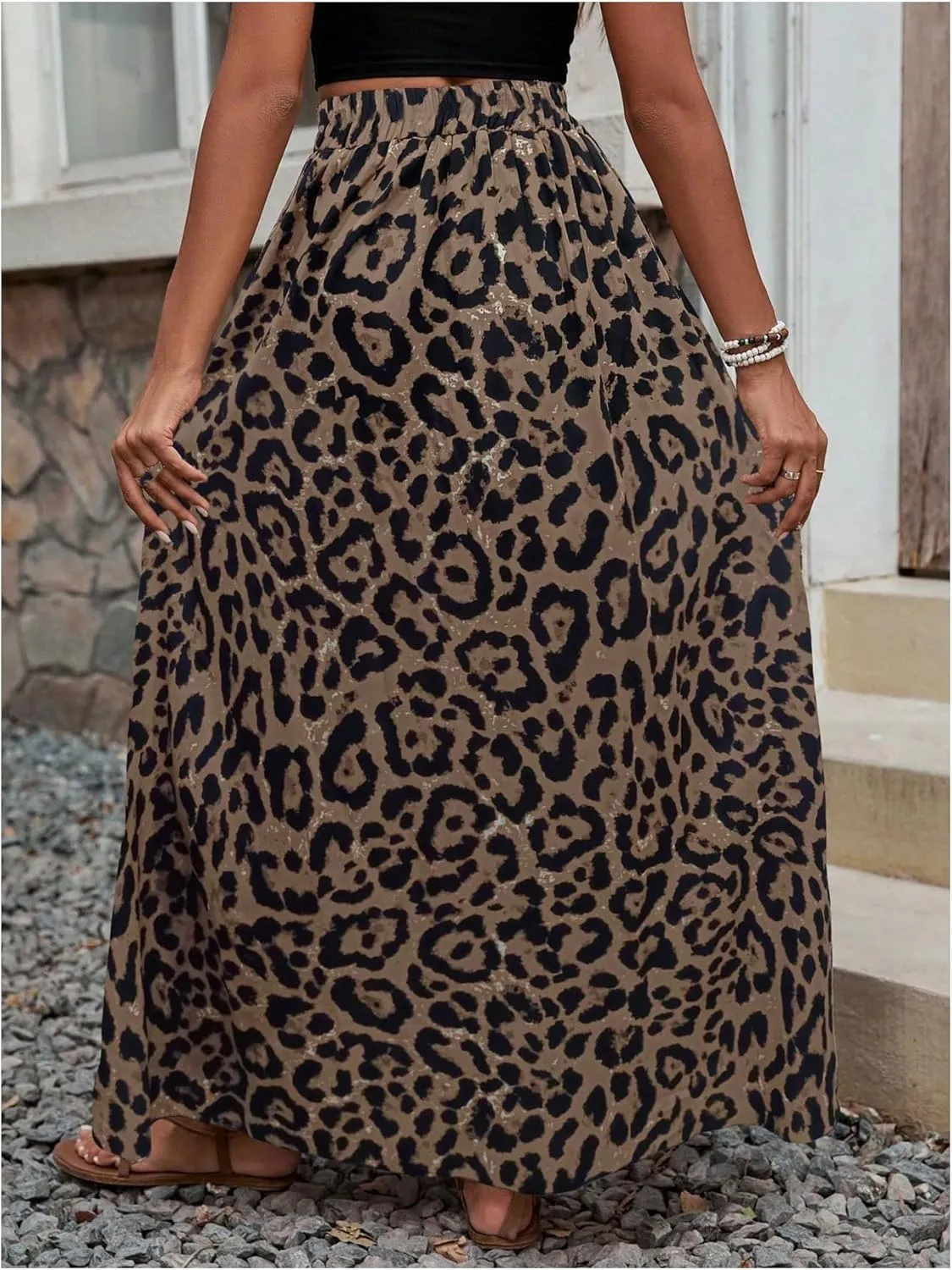 SweatyRocks Women's Boho Leopard Print Split Long Skirt High Waist A Line Skirts with Slit