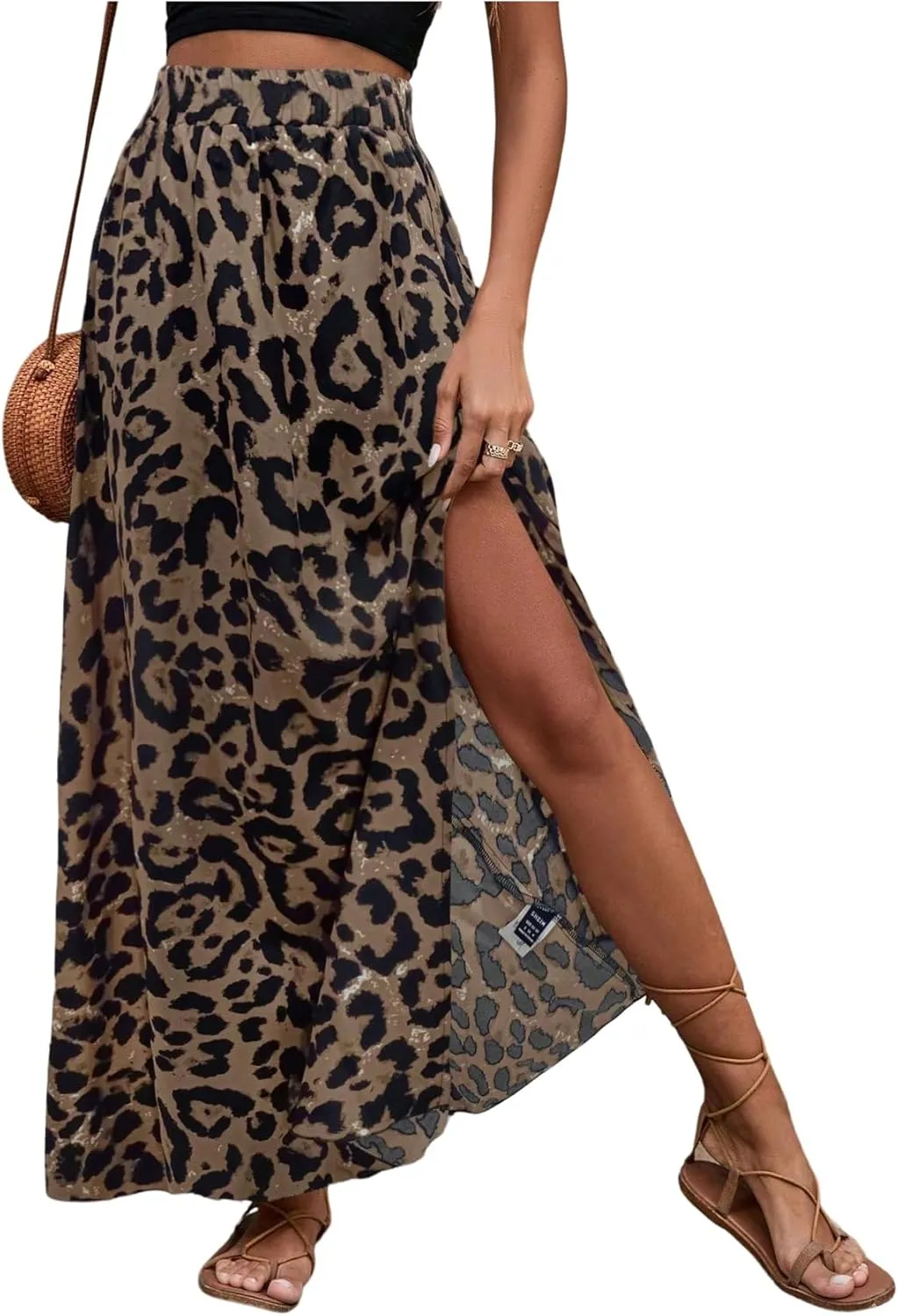 SweatyRocks Women's Boho Leopard Print Split Long Skirt High Waist A Line Skirts with Slit