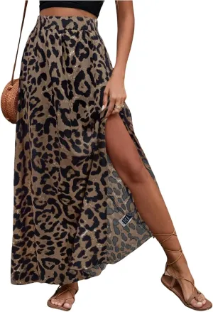 SweatyRocks Women's Boho Leopard Print Split Long Skirt High Waist A Line Skirts with Slit