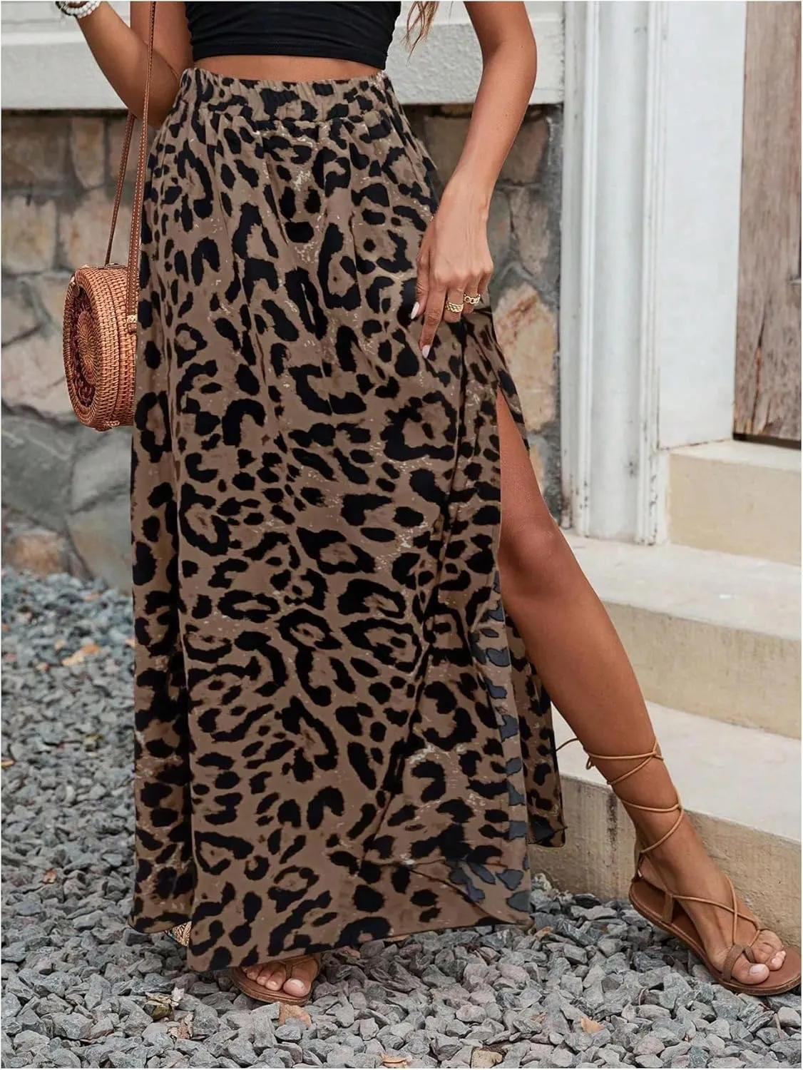 SweatyRocks Women's Boho Leopard Print Split Long Skirt High Waist A Line Skirts with Slit