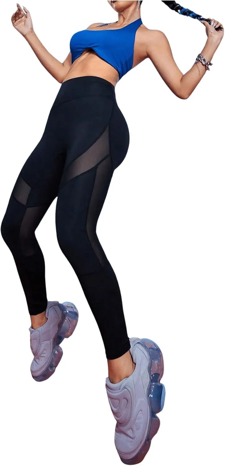 SweatyRocks Women's Mesh Leggings High Waisted Tummy Control Patchwork Slim Fit Yoga Pants Capris