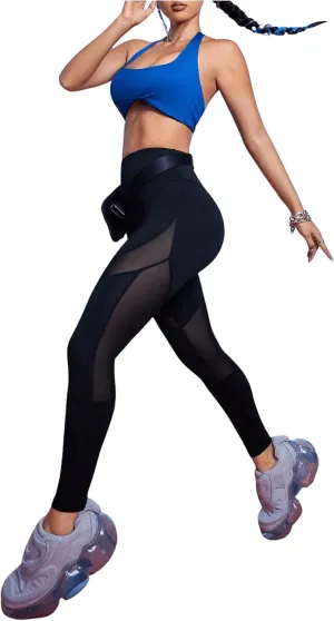 SweatyRocks Women's Mesh Leggings High Waisted Tummy Control Patchwork Slim Fit Yoga Pants Capris